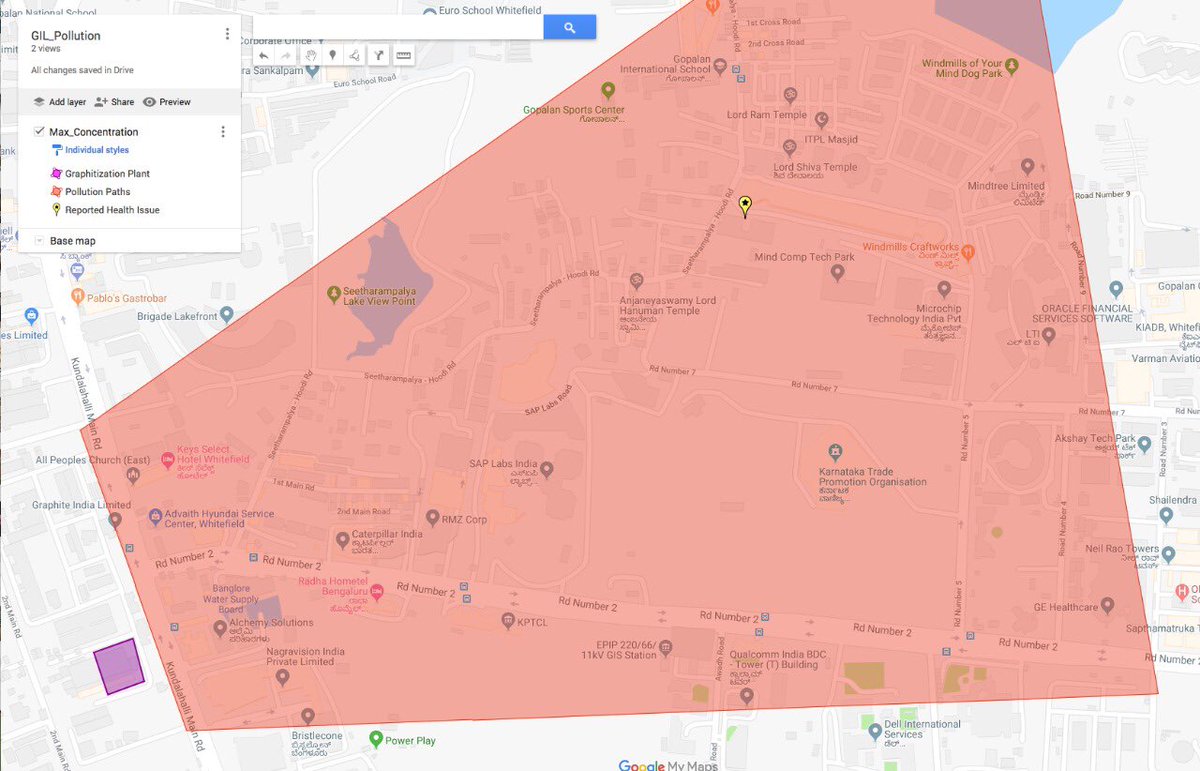 WFRising's tweet photo. Air pollution maximum affect based on wind direction (on the East side of factory). Locations in red has heaviest concentrations.

Look at the swathe of people affected. 

All apologists saying Graphite India was here first, Seetharampalya villagers here from time of Ramayana! https://t.co/agRhyZCb9s