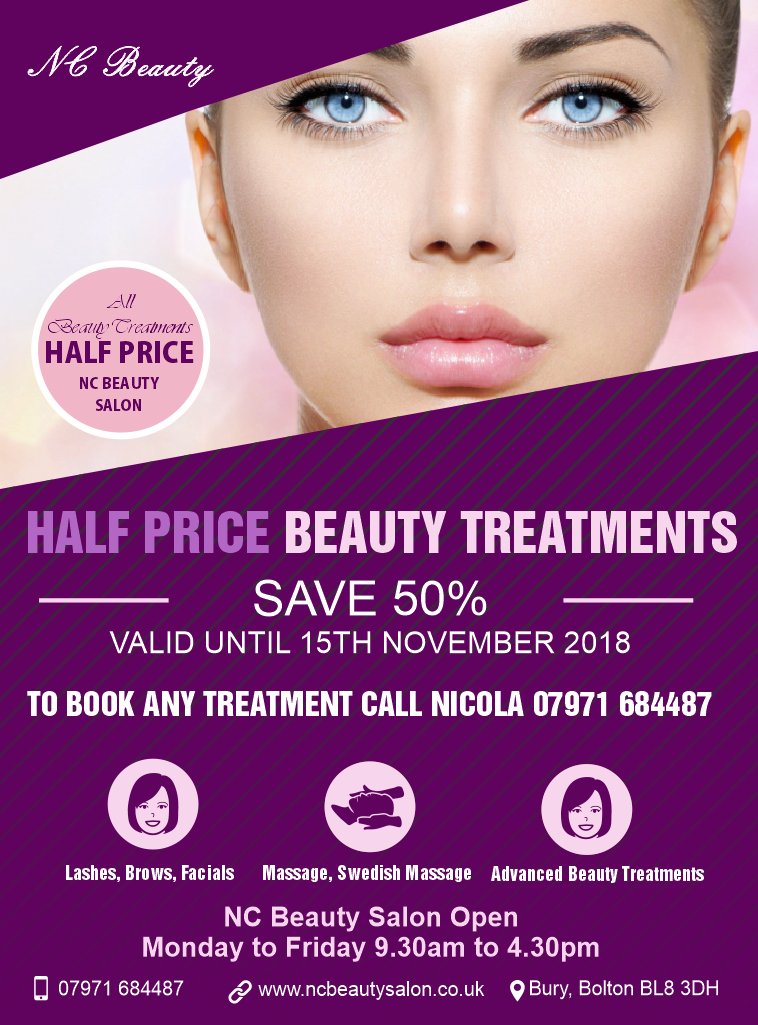 SAVE 50% on ALL Beauty Treatments at NC Beauty Salon Bolton, Bury. Take advantage of this huge Half-Price Offer on Lashes, Brows, Facials, Massage, Advanced Beauty Treatments and more. Call Nicola today on 07971 684487 or visit ncbeautysalon.co.uk