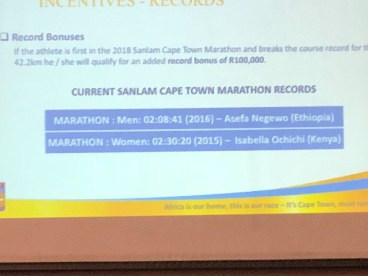 CTMarathon's tweet photo. R100 000 record incentive up for grabs on Sunday if the course records go. #ctmarathon2017 https://t.co/U4jjmmmY7r