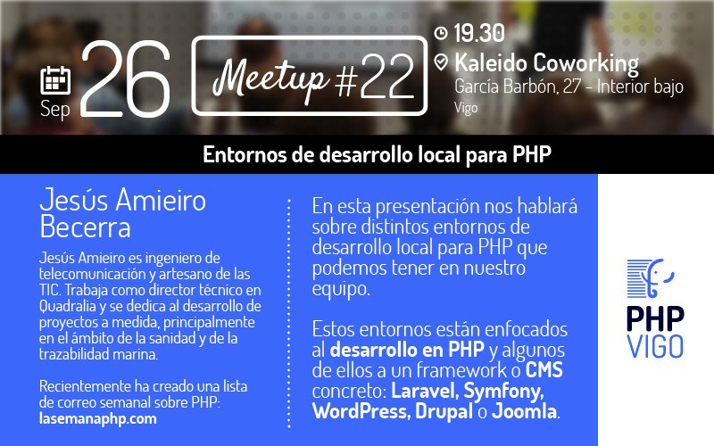 phpvigo's tweet image. El miércoles 26 de septiembre a las 19:30 en Kaleido Coworking tenemos el primer meetup postveraniego de mano de @JesusAmieiro:
Entornos de desarrollo local en PHP
Apúntate en meetup.com/es-ES/PHPVigo/…
Facendo Piña! #vigotech vigotech.org