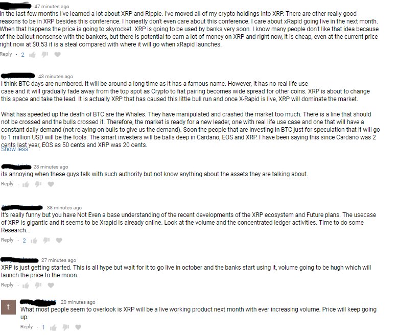crypto_bobby's tweet image. Sampling of comments from today's YouTube vid re $XRP pump:
"I've moved all my crypto holdings into XRP"
"BTC days are numbered... XRP will dominate the market"
"Price will keep going up"