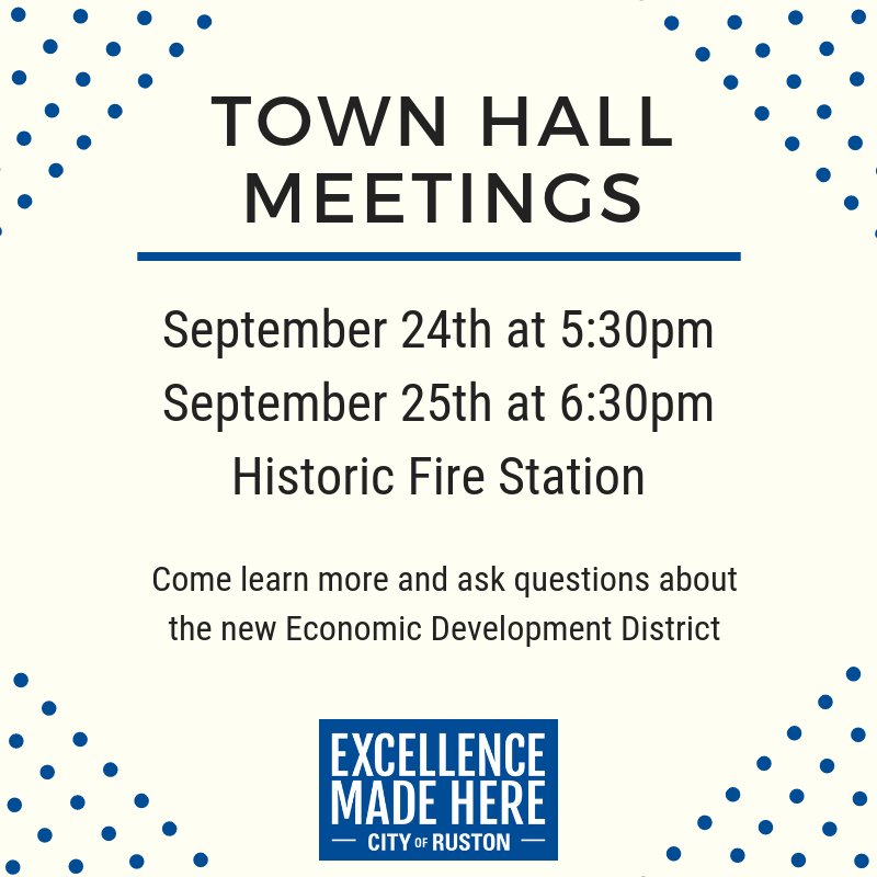 We will be holding 2 Town Hall Meetings next week for anyone who would like to come learn more and ask questions about the new Economic Development District. The entire community is invited to attend! #ExcellenceMadeHere