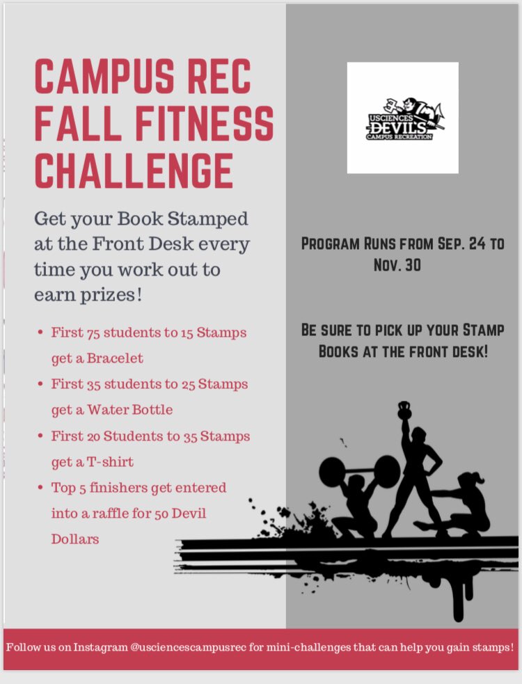 USciencesRec's tweet photo. Our Fall Fitness Challenge starts on Monday. Pick up your stamp book from the front desk and start working towards prizes every time you come in to workout!! #makewellnessahabit #usciencescampusrec https://t.co/SzuordjMek