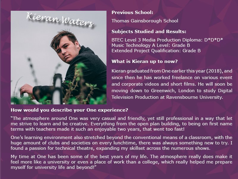 SuffolkOne's tweet photo. #Alumni student Kieran achieved fantastic results this year! He even took on the #EPQ alongside commitments such as working behind the scenes on One productions &amp; co-hosting our 2018 Roscars #media awards ceremony! We're certain his achievements will continue at @RavensbourneUK! https://t.co/Nz4oL2Ugen