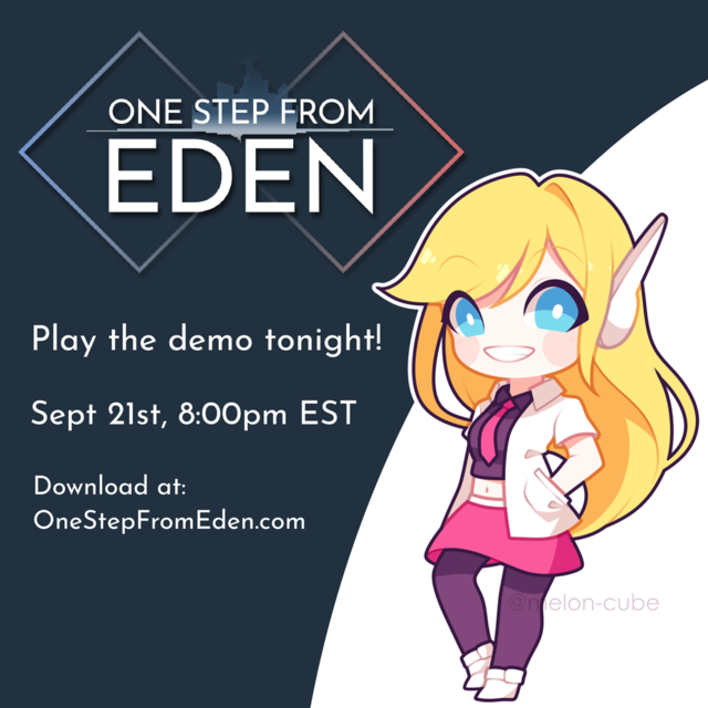 OneStepFromEden's tweet photo. Demo is releasing tonight at 8:00pm EST!
You'll be able to download it at https://t.co/BkeEF2zHJR
adorable Saffron by @melon_cube_uwu
#indiedev #indiegame #art #gamedev #OneStepFromEden #gaming https://t.co/Ak9CWZbHDC