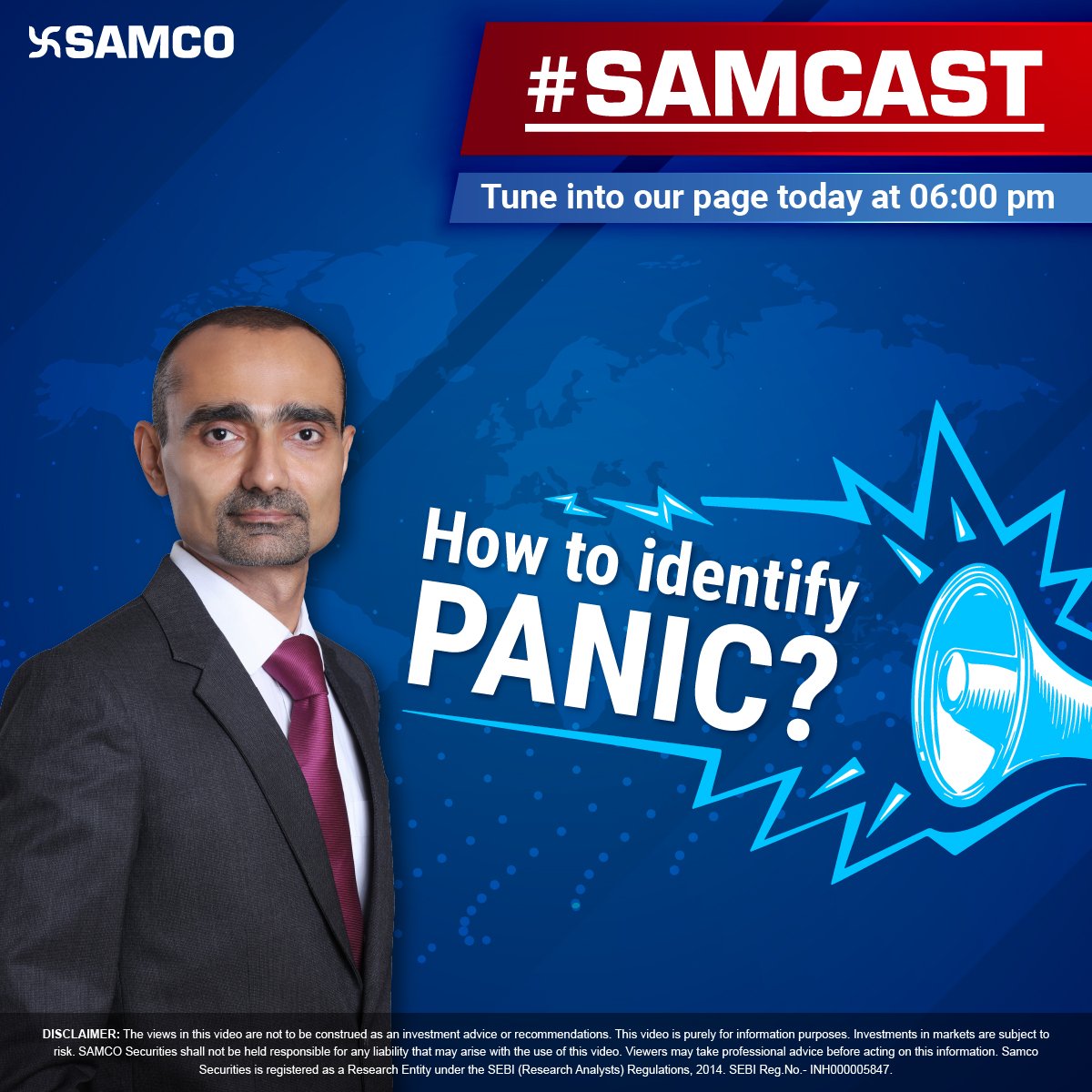 SAMCO_India's tweet photo. How to identify panic? Catch our Head of Research, Mr. Umesh Mehta help you understand what should be a trader's approach towards panic. Tune in to our Facebook page today at 6.00 p.m. Click the follow button on our page to get a notification.
#SAMCAST #Webcast #NSE #BSE #Nifty https://t.co/6MfVBQef58