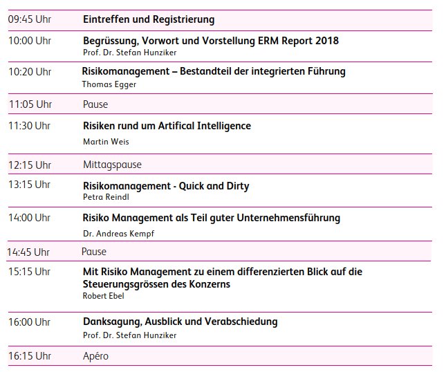 Das Programm des diesjährigen Enterprise Risk Summit ist online. Mehr Details und die Anmeldemöglichkeit gibts hier: buff.ly/2Ly87jw #risk #riskmanagement <a href="/_shunziker/">Prof. Dr. Stefan Hunziker</a> <a href="/ey_ch/">Ernst&Young Schweiz</a> <a href="/GrantThorntonCH/">Grant Thornton CH/FL</a> @avedosGRC <a href="/RiskNET/">RiskNET.de</a> <a href="/IFZ_Zug/">IFZ Zug</a>