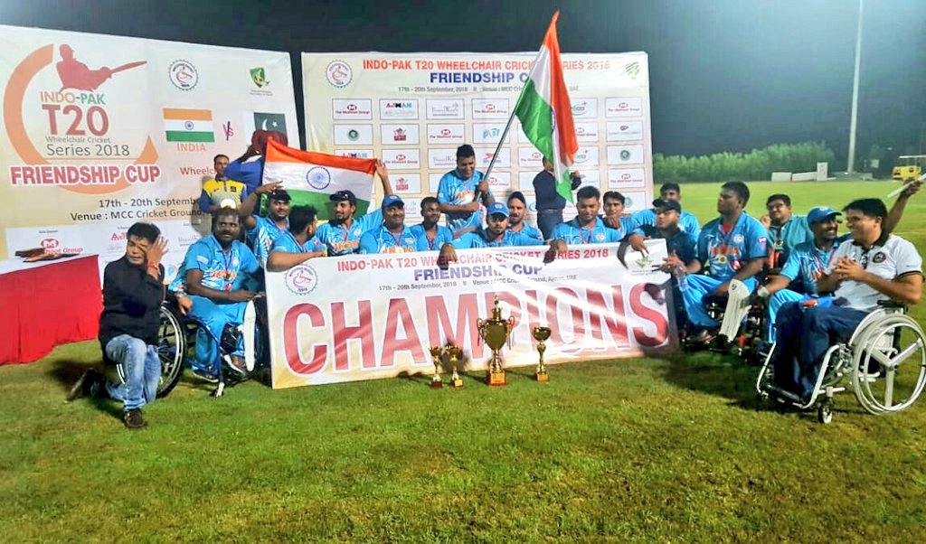 wci_india's tweet photo. India won final match by 9 Wickets &amp; the Series 3-0 against Pakistan
#INDvsPAK #WheelchairCricket Series 2018 by 3-0 at Azman,UAE
@ICC @BCCI @ACCMedia1 @sachin_rt @ParalympicIndia @ECB_cricket @ECB_cricket @CAComms @EmiratesCricket @TheRealPCB @BCBtigers @OfficialCSA @OfficialSLC https://t.co/HioqBqPi3r