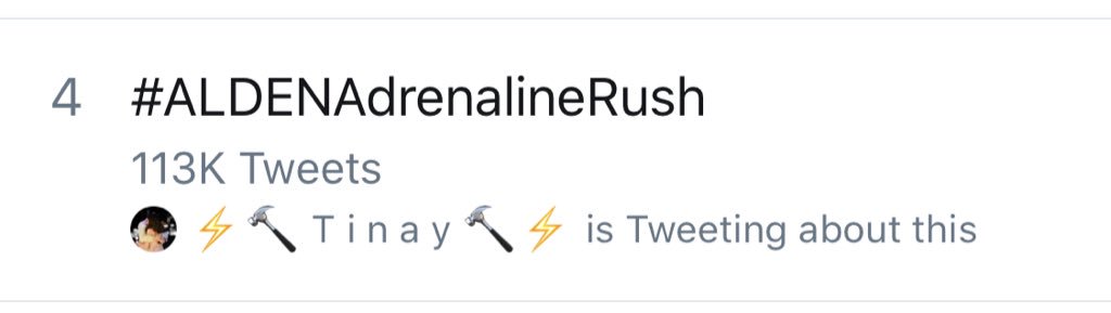 teamupsurge's tweet photo. 4th spot! Keep on tweeting guys! #ALDENAdrenalineRush https://t.co/J4ErbTXnX9