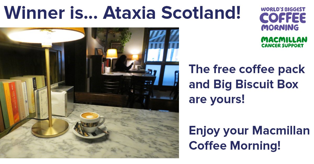 kafevend's tweet photo. Thank you to everyone who took part in our Macmillan Coffee Morning competition, we have had some great photos! We are pleased to announce that the winner is @ataxiascot, congratulations!  #macmillancoffeemorning #prizedraw #winner https://t.co/BtxLpP4Ux2