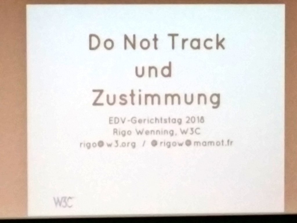 i_speiser's tweet image. Rigo Wenning, #W3C zum User-Tracking auf Websites und den Versuchen, mit der #DoNotTrack-Erweiterung einen Ausgleich der Interessen der Nutzer und der Werbewirtschaft zu schaffen #edvgt2018