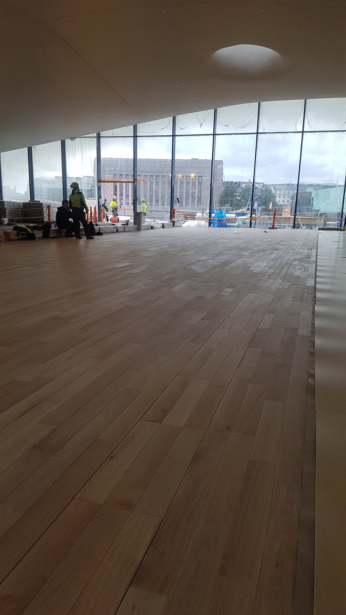 Triofloor's tweet photo. The installation of 22 x 100mm Oak plank in the central Library Oodi is advancing... https://t.co/6tfERAEtwX