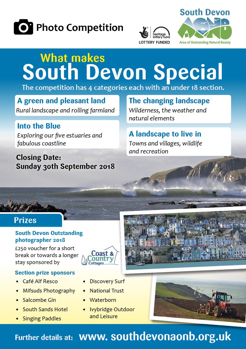 SouthDevonNL's tweet photo. Last few days to enter our Photo competition and win a great prize. #OutstandingWeek #NationalLandscapes Thanks to our lovely sponsors: @CandCC @cafealfresco @Discoverysurf @Waterborn @NTSouthDevon @FlavelArts @jason_mifsud @SalcombeGin @singingpaddles @SouthSandsHotel https://t.co/QHIwu1SR56