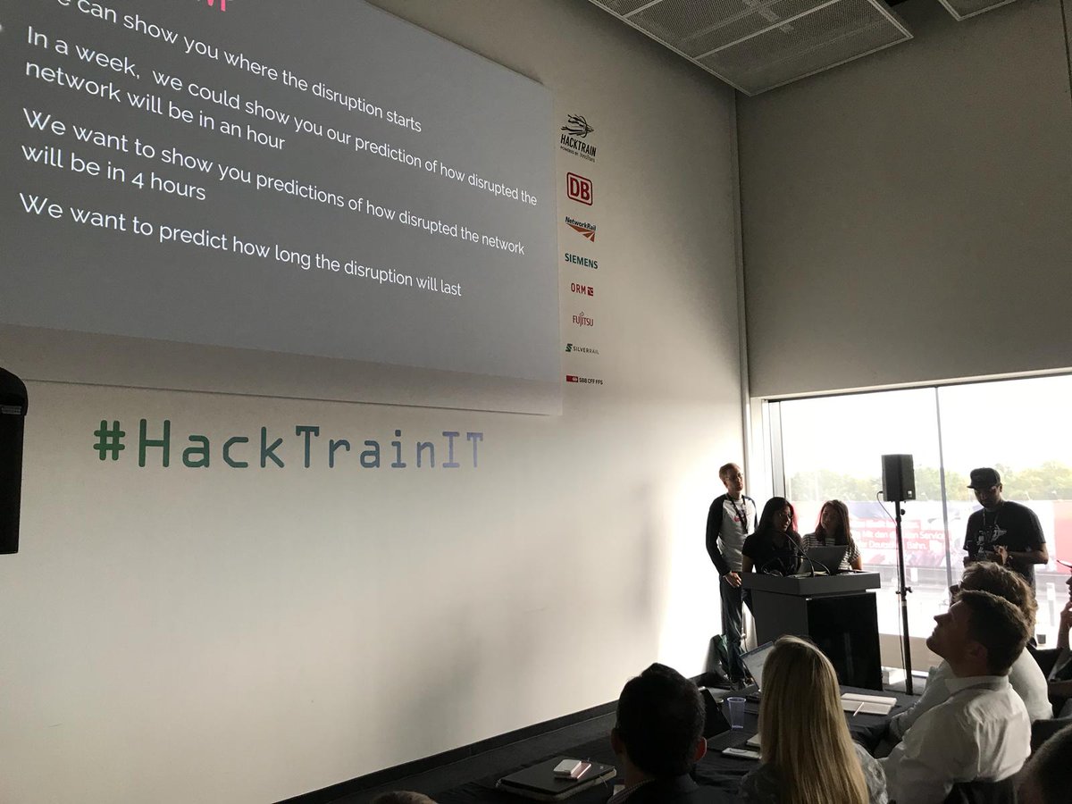 hackpartners's tweet image. Now we have Get Me There! They have been working through the night in order to present the best pitch they can for the Wild Pitches! Their pitch is based on @ORMLondon 's challenge on how they can use Darwin data to predict disruptions on networks! #HackTrainIT #InnoTrans2018