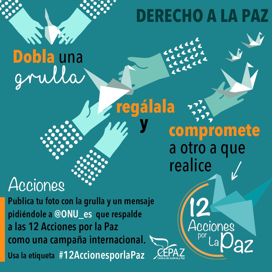 Dobla una grulla, regálala y compromete a otro a que realice las acciones. Publica tu foto con la grulla y un mensaje pidiéndole a <a href="/ONU_es/">Naciones Unidas</a> que respalde la campaña. Usa la etiqueta #12AccionesporlaPaz