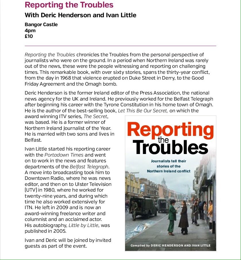 aspectsfestival's tweet photo. Still some tickets left for Reporting The Troubles, Bangor Castle 23/09, 4pm @derichenderson and @BigIvanLittle will be joined by special guests Wendy Austin &amp; Robin Walsh for a panel discussion chaired by Seamus McKee. Don't miss it! Tix £10 https://t.co/vkfe3Mp9mk #Aspects2018 https://t.co/6t8GnzkVYM