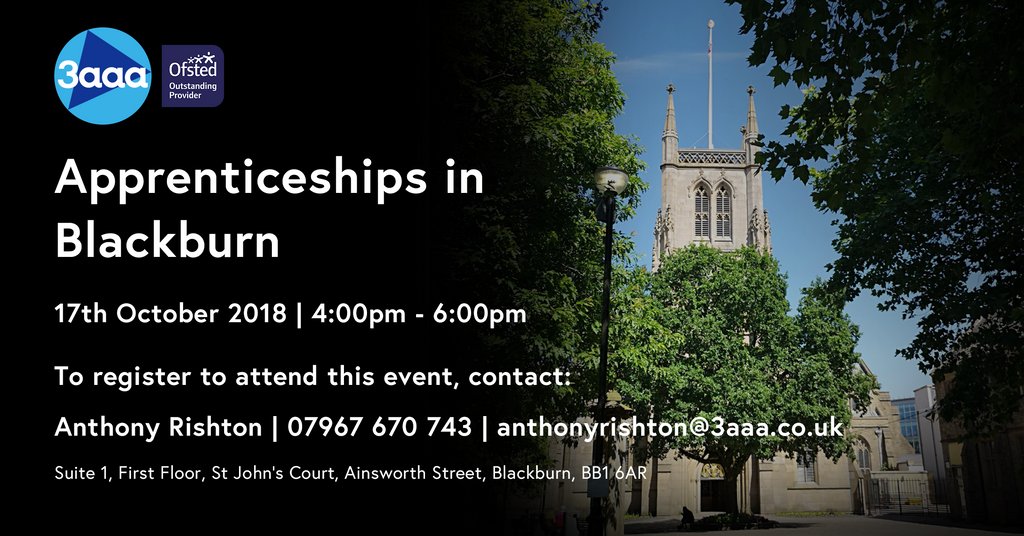 AppLevy's tweet image. Come and visit Blackburn’s local Apprenticeship experts at our academy open evening on 17th October to improve your understanding of the positive impact that Apprenticeships can have on your business.

For more information, visit: buff.ly/2PUdJaS