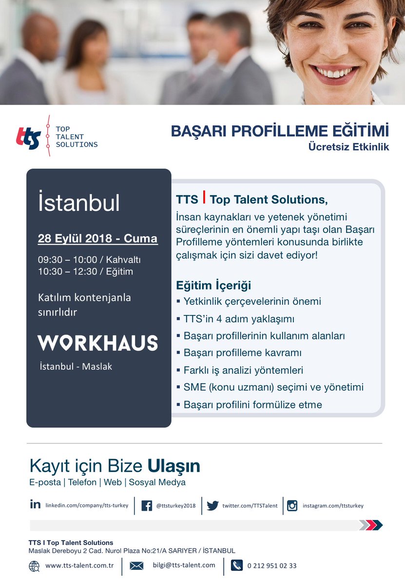 TTS Türkiye sizi kahvaltı eşliğinde, ücretsiz Başarı Profilleme Eğitimine davet ediyor. 28 Eylül Cuma günü, etkinliğe katılmak için bilgi@tts-talent.com adresine mail atabilir veya sosyal medyadan bize ulaşabilirsiniz! #İnsanKaynakları #YetenekYönetimi #HR #Eğitim #ücretsizeğitim