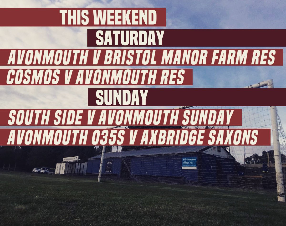 AvonmouthFC's tweet photo. Big weekend coming up.

First team @ home in the GFA Cup to Manor Farm Res. 2pm KO.

New Over 35 team play their first match @ home, midday KO on Sunday.

Ressies fresh off their first win of the season travel away to Cosmos.

&amp; our Sunday team look to make it 4 wins from 4. https://t.co/pPjjZLNh6I