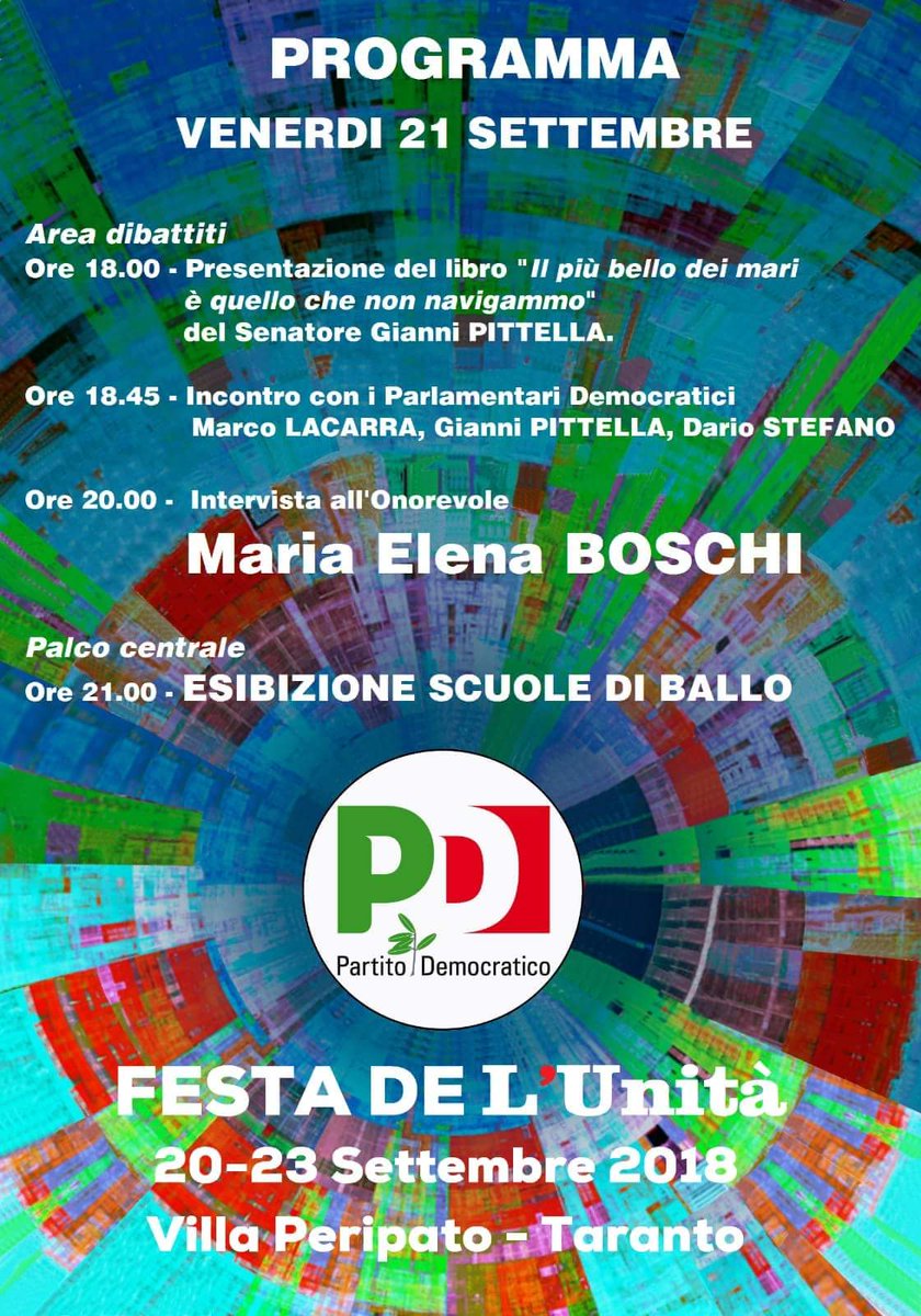 Oggi secondo giorno della Festa de L'Unità. Presentazione libro di Gianni Pittella. Incontro con i Parlamrntari <a href="/marco_lacarra/">Marco Lacarra</a> <a href="/giannipittella/">Gianni Pittella</a> e <a href="/DarioStefano/">Dario Stefàno</a>. Intervista a Maria Elena Boschi <a href="/meb/">Maria Elena Boschi</a>.