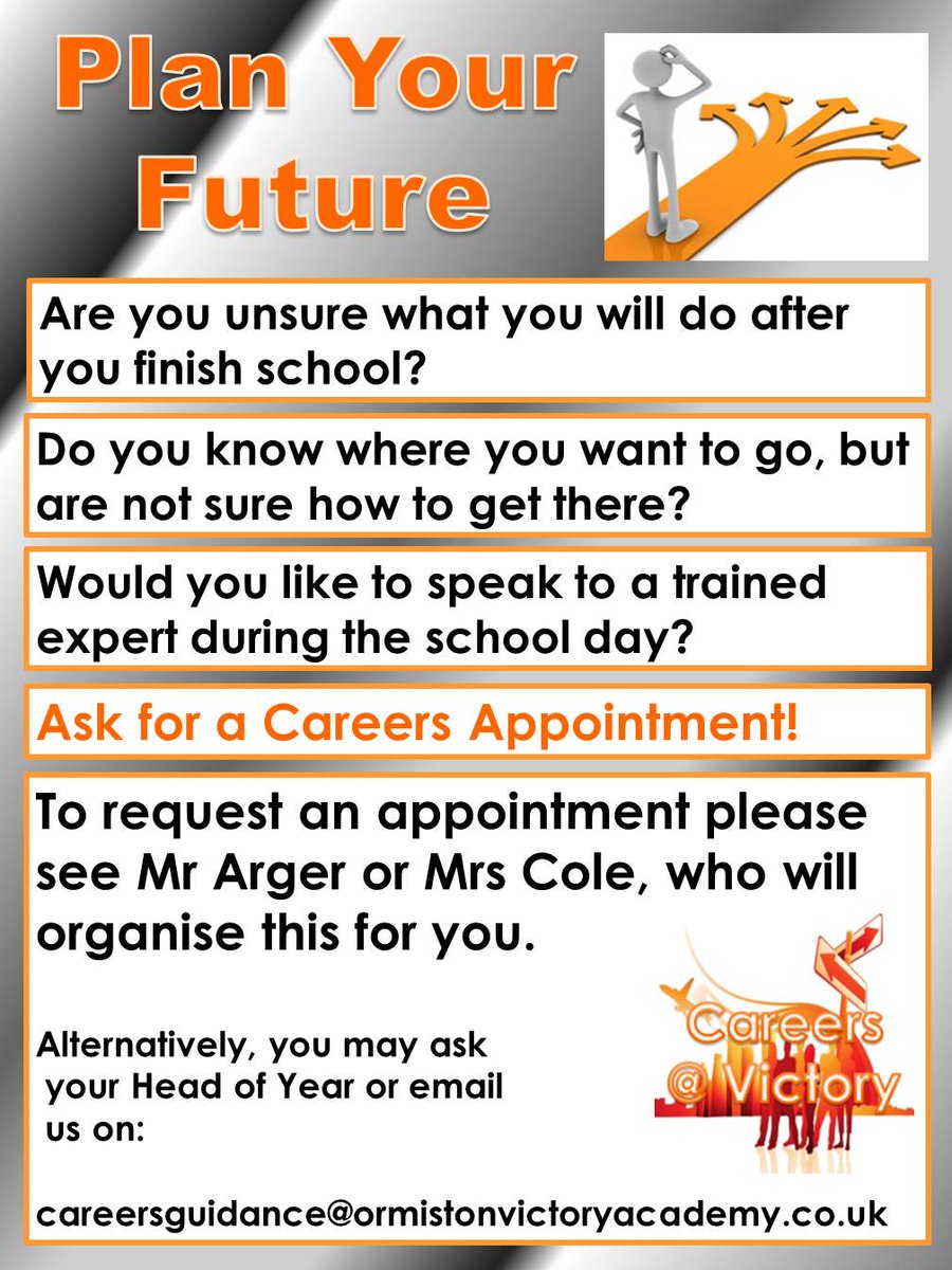 CareersVictory's tweet photo. Unsure what you would like to do after you finish school? Know what you want to do but not how to get there? Come and see our Careers Adviser who will be able to help you. Contact @R_Arger or @LibraryVictory to request an appointment #Careers #YourFutureMatters @VictoryAcad https://t.co/V06DPBmo6A