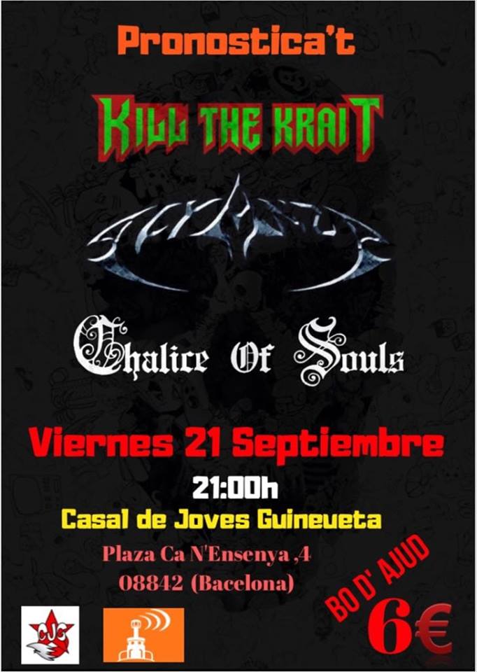 Bcn_NouBarris's tweet image. 1a nit de concerts de #metal "Pronostica't", avui a les 21 h al BarTolo del Casal de Joves #Guineueta, amb els grups @killthekrait, #Alyanza i @Chaliceofsouls. Bo d'ajut: 6 euros. Organitza el programa de ràdio Pronóstico Reservado. #NouBarris