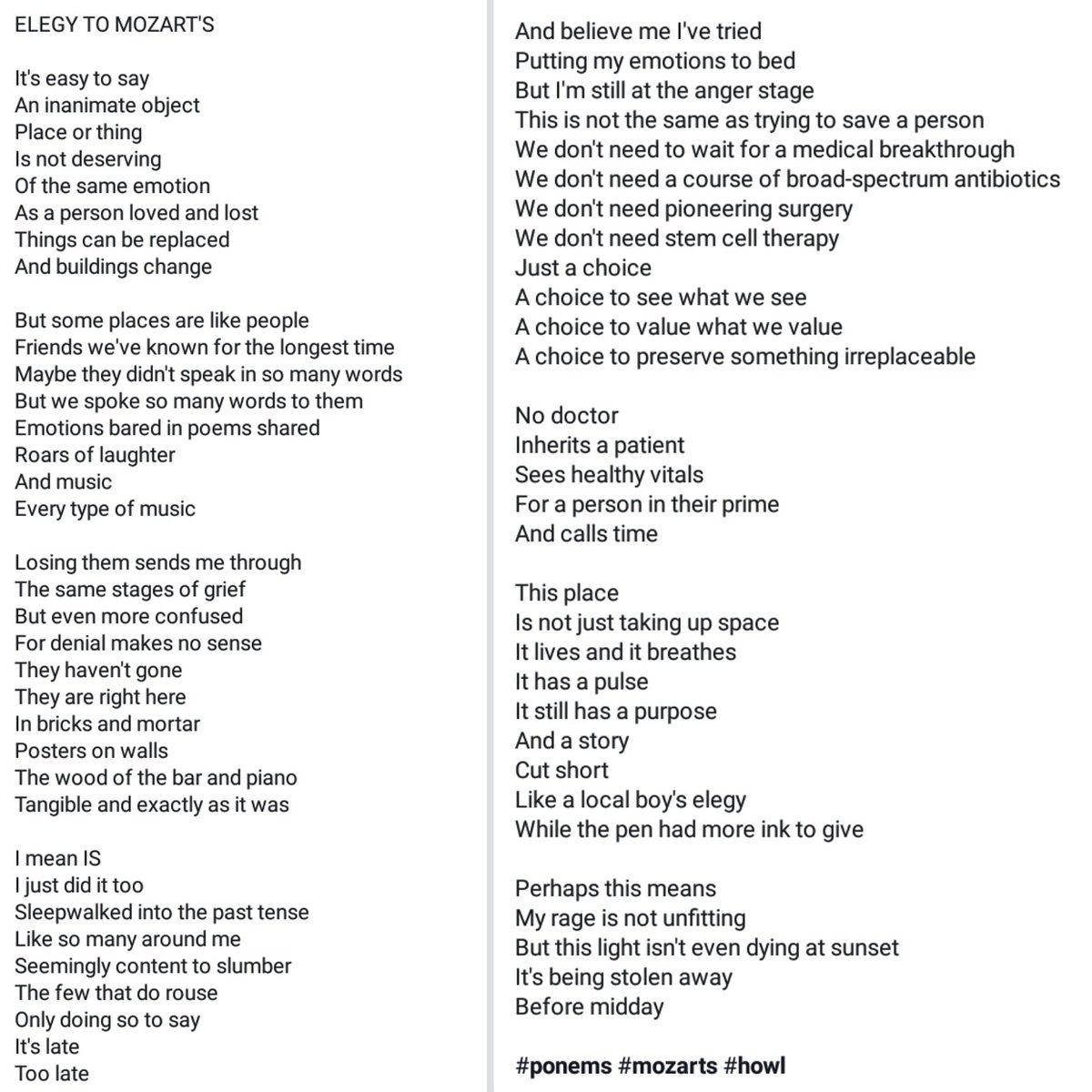 PonemsPoetry's tweet photo. I didn't want to publish this until I'd read it out loud to the walls of @MozartsBar (and the crowd at @howlpoetry). This is the first poem I've written in a long while. #elegy #poetry #poem #ponems https://t.co/B6s2OZ9nmd