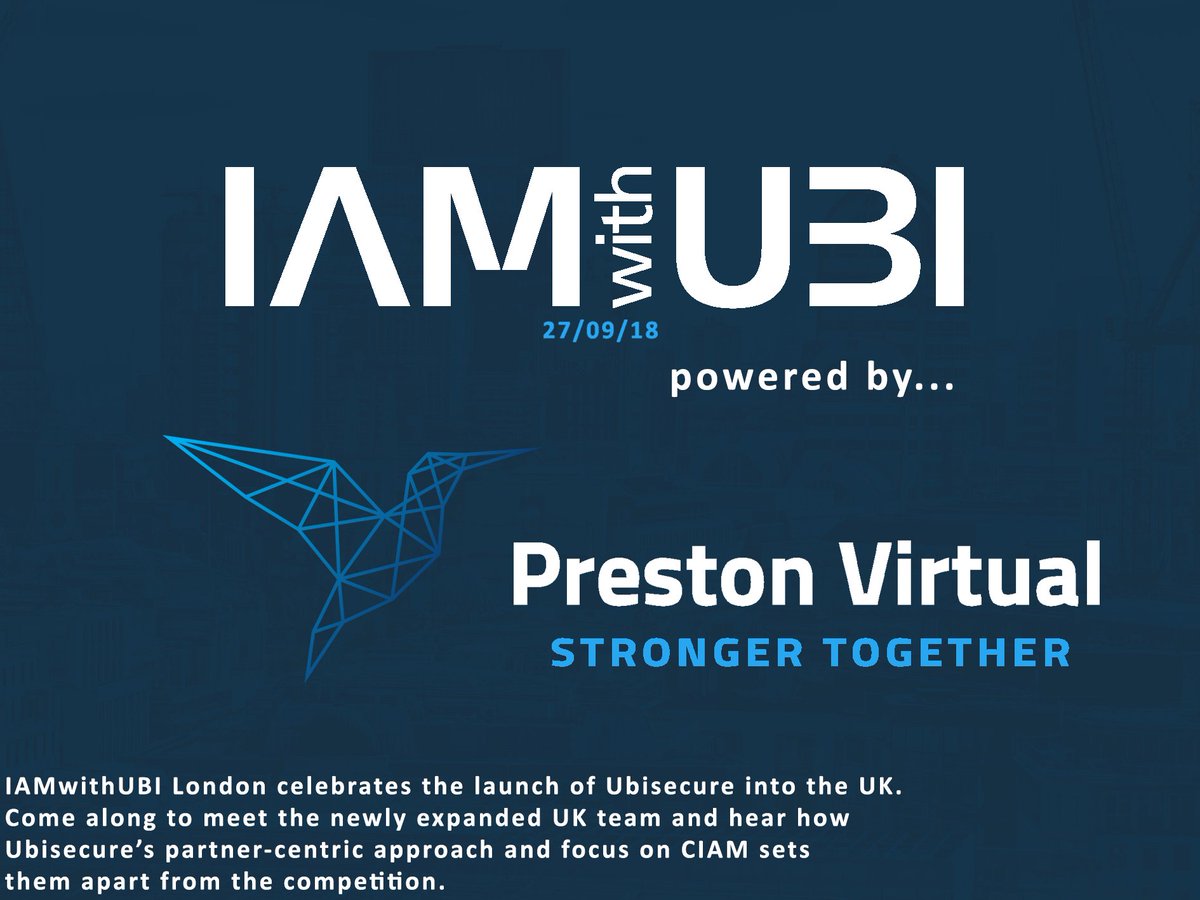 PrestonVirtual's tweet photo. Join us and our clients @ubisecure on Thurs 27th Sep at The Grubstreet Author from 4pm for their UK launch event - #IAMwithUBI 

For more information, pre-register here: https://t.co/RJAAvrbK0u 

Don't miss out on this great opportunity to network &amp; learn more about Ubi and IAM! https://t.co/S7LRHXcaAE
