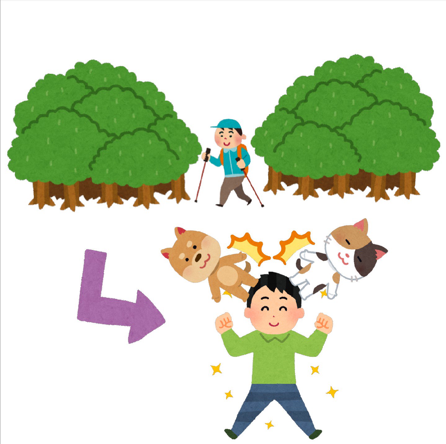 まいチクをいらすとやで再現 Dayukoume 再現難易度 使ったイラスト 7枚 森のイラスト ノルディックウォーキングの イラスト 矢印のイラスト 直角 元気な男性のイラスト 犬のキャラクターのイラスト 猫のキャラクターのイラスト 漫符のイラスト 驚いた