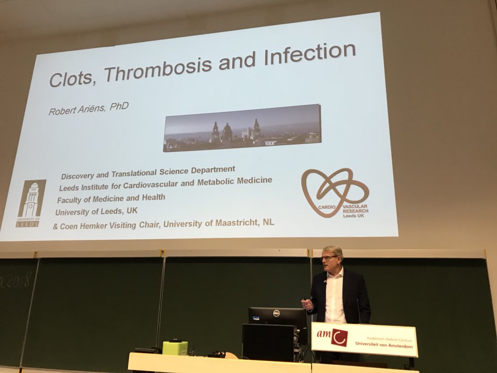 MiddeldorpS's tweet photo. The second Keynote Lecture by @RobertAriens showing how coagulation and clot structure are important in many #thrombotic diseases. #AMSTOL2018 https://t.co/dlbuBMXEs7