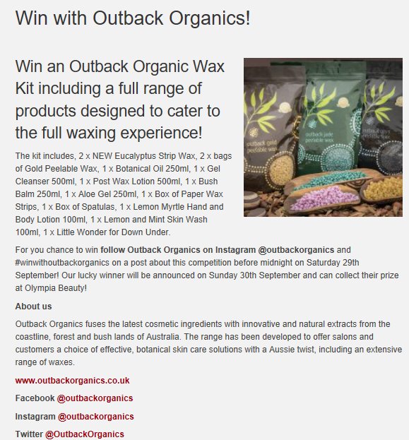 OutbackOrganics's tweet photo. #freebiefriday
#COMPETITION TO WIN AN OUTBACK WAX KIT WORTH OVER £100. Please make a post about us on Instagram/Facebook & use the hashtag #winwithoutbackorganics
See article for more details: https://t.co/1h6yAFGmmG
#Olympiabeauty #london #beautyshow #win #waxkit #wax #beauty https://t.co/BZtCeHzY8o