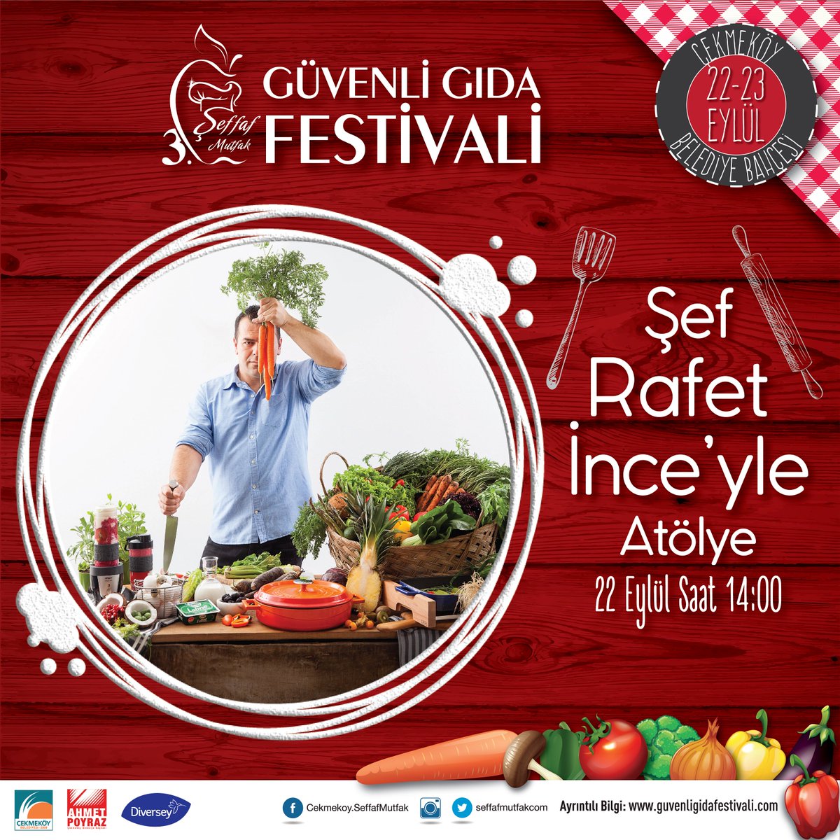 22 Eylül Cumartesi günü Şef Rafet İnce Atölyesi için sizleri 3. Şeffaf Mutfak Güvenli Gıda Festivaline bekliyoruz :) 7'den 70'e herkesin eğlenebileceği festivalimizde tüm etkinlikler ücretsizdir. <a href="/Cekmekoybeltr/">Çekmeköy Belediyesi</a> <a href="/AhmettPoyraz/">Ahmet Poyraz</a> #ŞeffafMutfak #guvenligidafestivali  <a href="/chefrafetince/">Chef Rafet İnce</a>