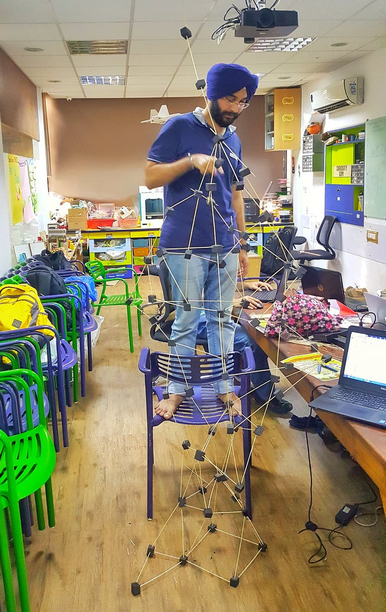 CuriosityGym's tweet photo. Making a 7-feet-tall DIY structure made with barbeque sticks and rubber foam. The challenge being maintaining stability with different geometrical shapes on a minimal base area. #DIY #DesignThinking #Challenge #Structure #Sricks #RubberFoam #CuriosityGym #Makerspace #Mumbai https://t.co/S5F2PTZYh6