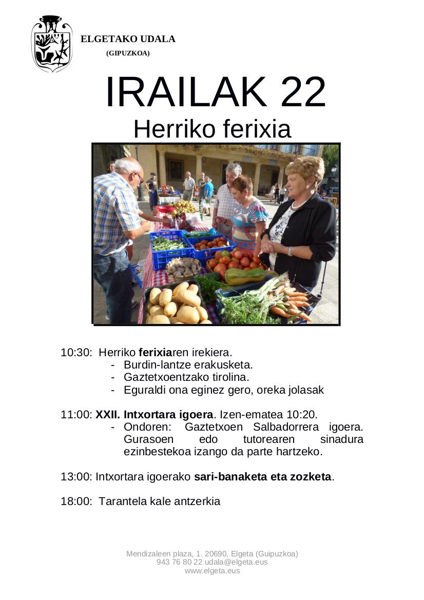 Kulturweb's tweet photo. Irailan 22an (10:30-19:00), Elgetan, Baserritarren azoka eta XXII. Intxortara igoera ospatzen dira - https://t.co/NYt8LuptAJ https://t.co/mW0WWM6Rso
