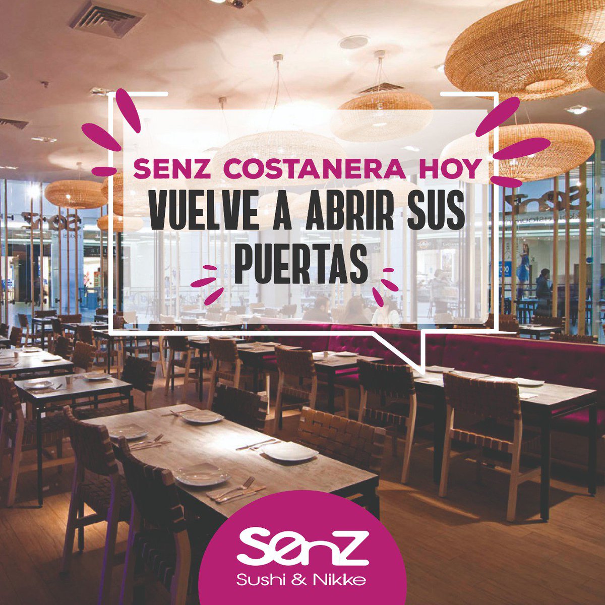Queridos #SenzLovers! 💜 Senz Costanera ha vuelto a abrir sus puertas para que disfrutes del mejor sushi 😍🎉🍾

Recuerda que nuestro horario de atención es de 11:00 a 23:00 horas. 
Para más información ingresar a senz.cl
¡LOS ESPERAMOS! 🥂