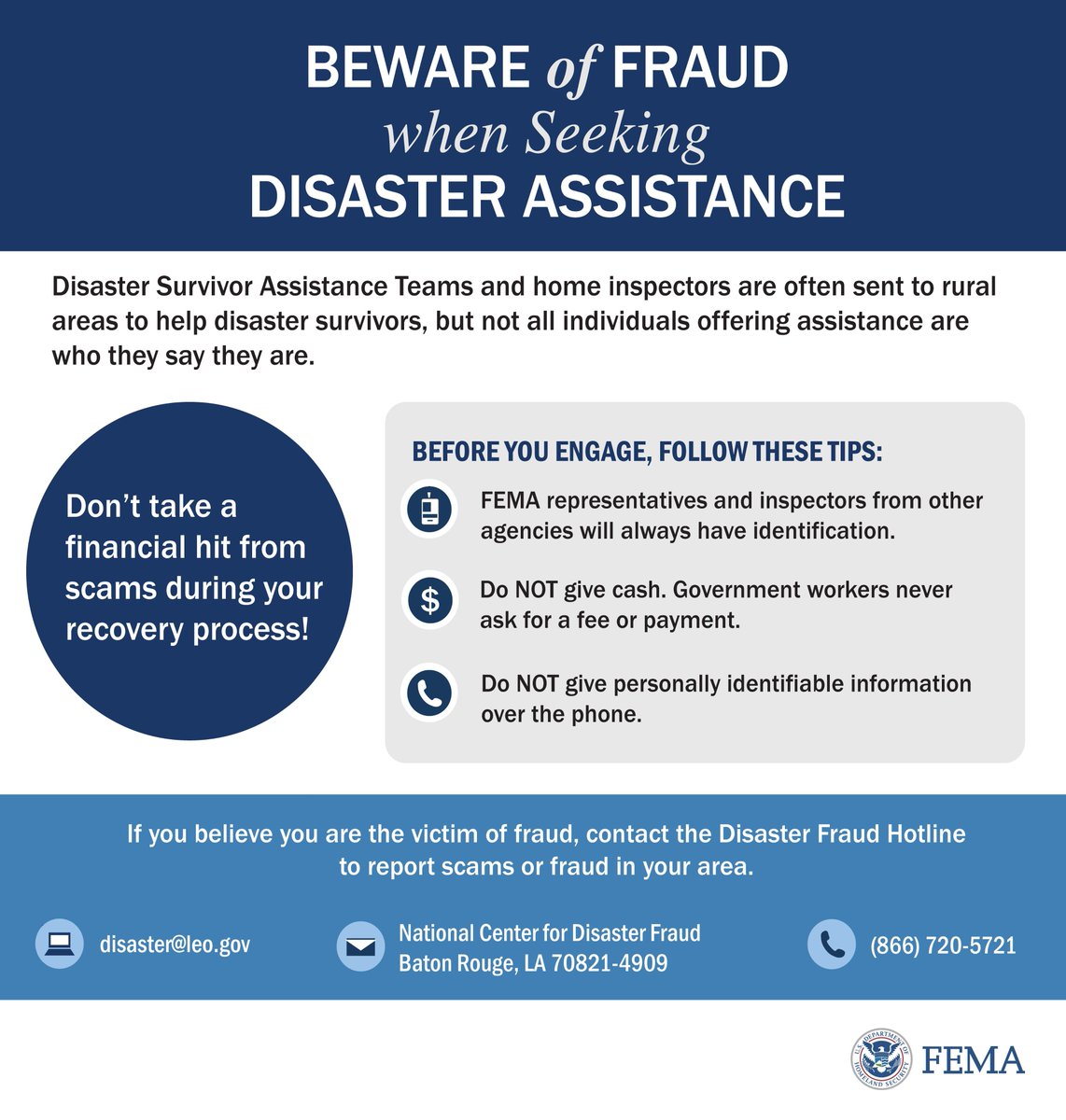 fema's tweet image. Unfortunately, scam artists often appear after disasters like #Florence.

FEMA reps will always have ID. Be wary of calls asking for personal information.

If you suspect fraud, report it by calling the Disaster Fraud Hotline at (866) 720-5721 or email disaster@leo.gov.