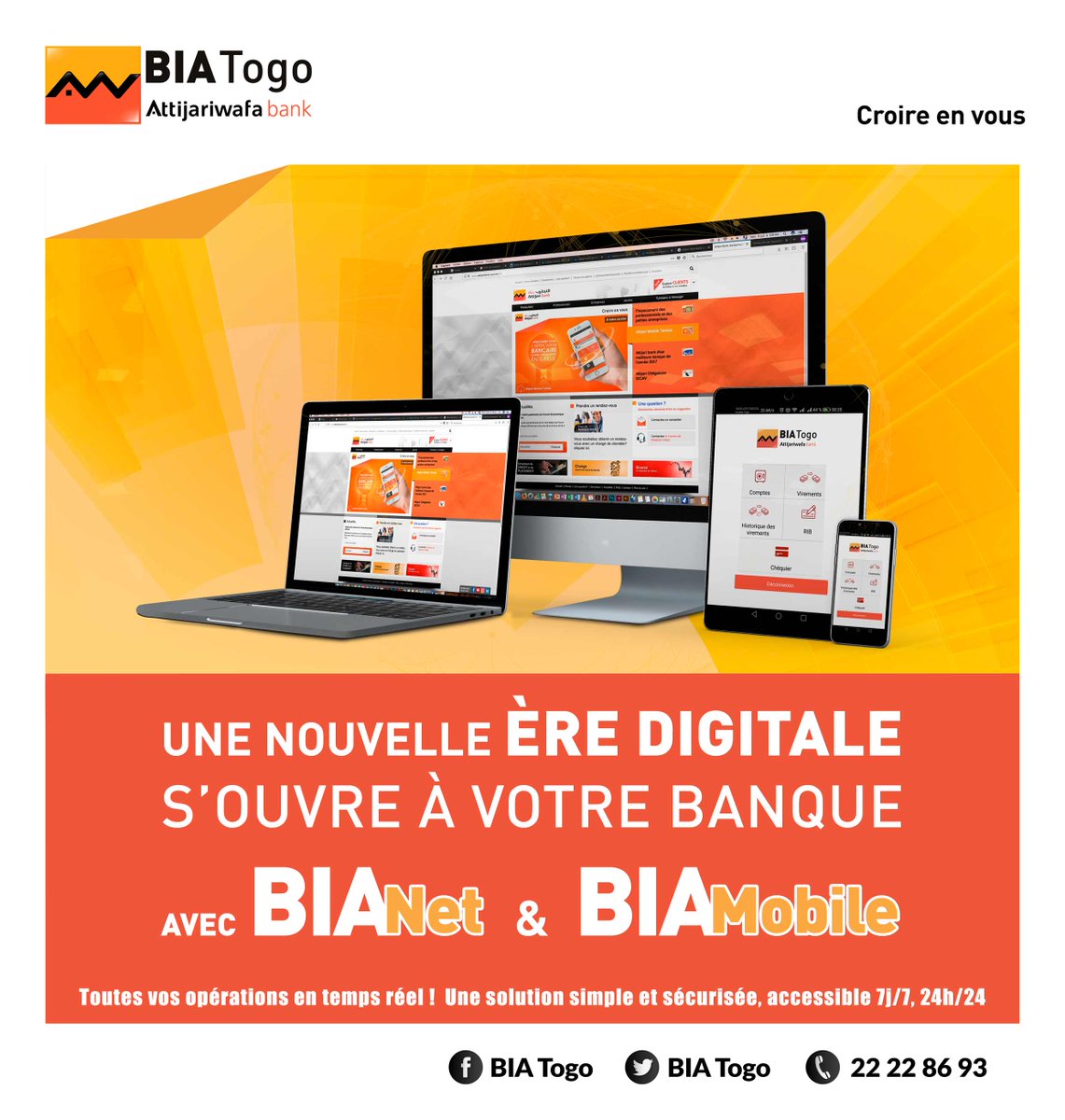 BIA_Togo's tweet photo. Découvrez notre offre complète de banque à distance avec #BiaNet & #BiaMobile !
La @BIA_Togo vous offre une solution digitalisée pour toutes vos opérations bancaires #Banque #Digital #BanqueDigital #Innovation https://t.co/uRbMrrqQLQ