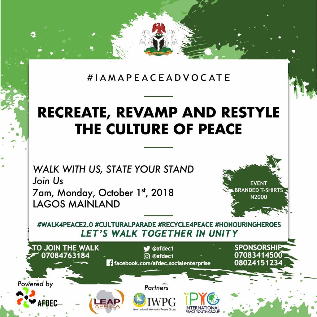 hope_mobee's tweet photo. Peace is the only battle worth waging.โ -ย Albert Camus. The time is now. Come October 1st. ๐. I am waging Peace! Join us!
#cpf2018 #craft4peace #peacefestival #youth4peace #walk4peace #speak4peace #live4peace #naija4peace #peaceoneday #cultureofpeace #peaceday #peacewarriors https://t.co/Xks2AVMsd4