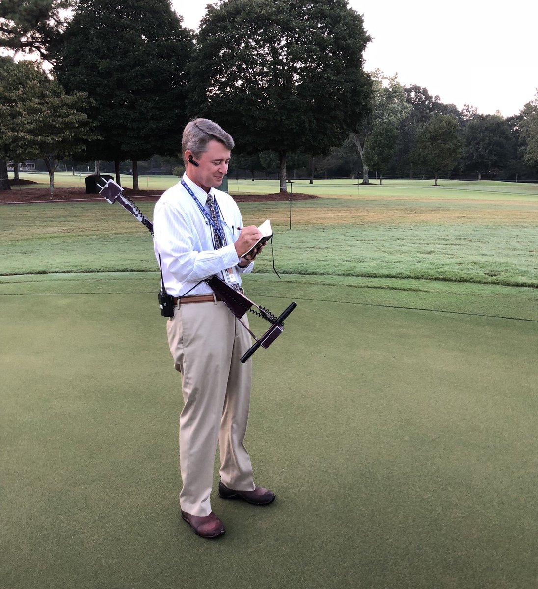 He carries a well-used notebook and soil moisture meter wherever he goes. The PGA Tour’s <a href="/BlandCooper/">Bland Cooper</a> is assisting <a href="/eastlakegcagro/">East Lake Agronomy</a> in @playofffinale preparations. #ValueofVolunteering