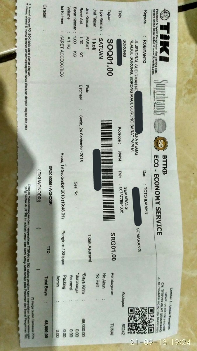 resitokoidaman's tweet photo. Bukti resi pengiriman TOKO IDAMAN Via Paket TIKI ke KOTA SORONG BARAT PAPUA.
@resitokoidaman 
Barang dijamin pasti sampai tujuan.

( TAK PERLU RAGU BELI DITOKO KAMI ) https://t.co/ryhMDu1xy2