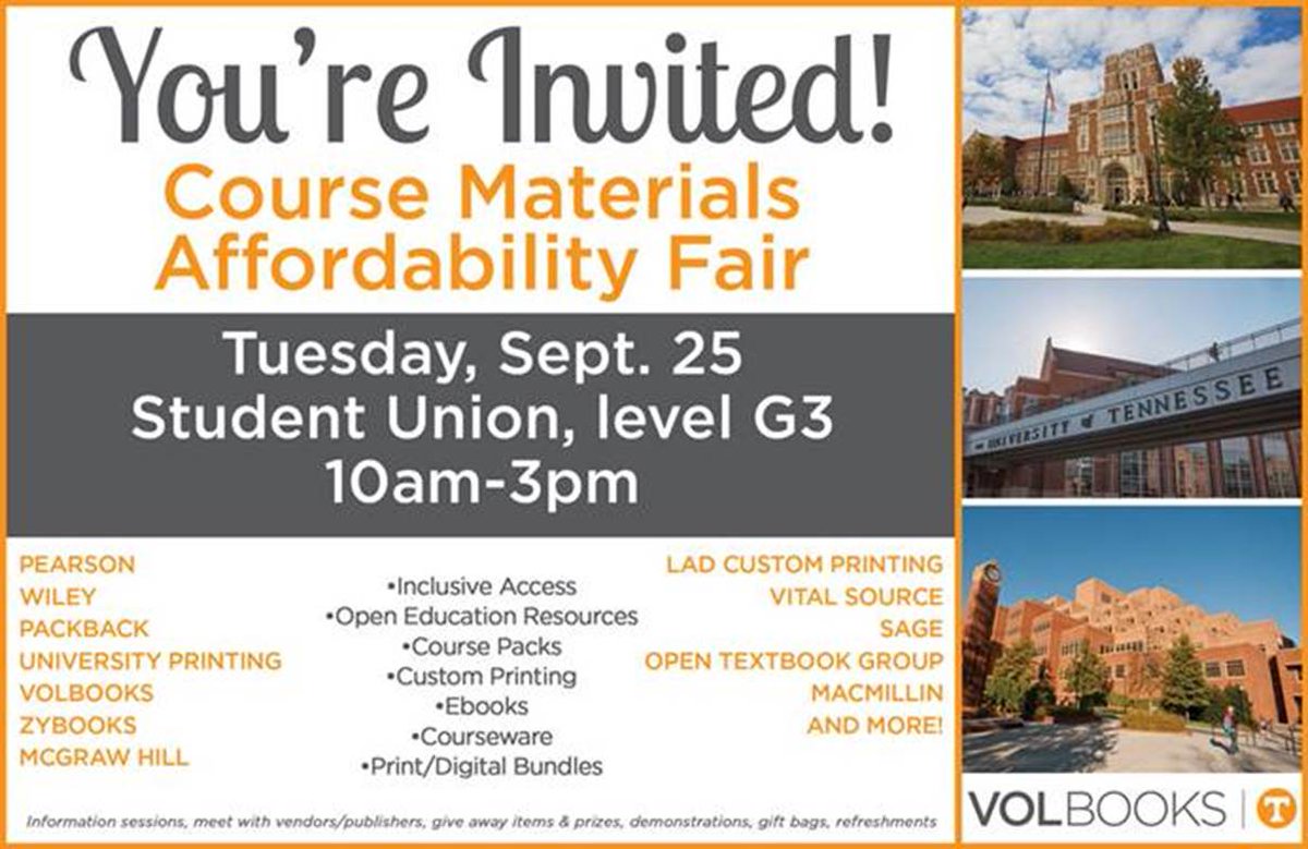 UTPlantSciences's tweet photo. #UTKPLSC wishes to promote inclusivity in education. The Course Materials Affordability Fair is a platform exploring avenues around more difficult educational expenses, and is brought to you by the @UTVolShop. https://t.co/cGBtd1RsLN