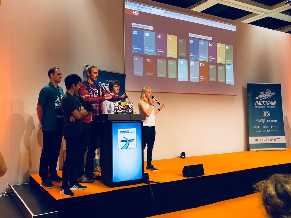 hackpartners's tweet image. Team Safety First made it through the wild cards and now are up next to pitch at the finals!! They're tackling @presse_CFF (SBB) 's challenge - Accessing, processing and visualising available data of Zurich train stations! #HackTrainIT #InnoTrans
