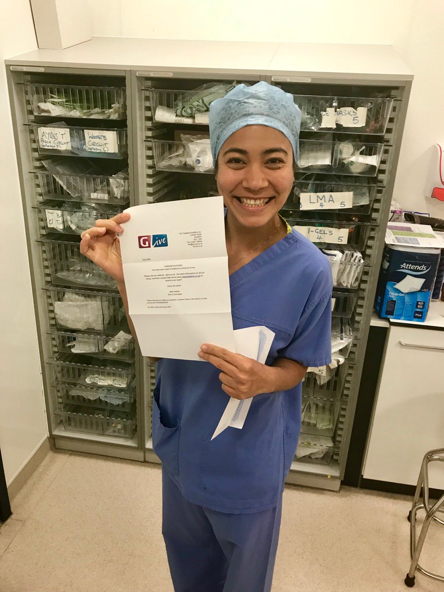 doctorfredw's tweet photo. The 1st Winner of #ScrubHero today is Christian Gialogo! For being hardworking, reliable, inspiring positive team spirit and a great work ethos. Christian wins tickets to a show at G-Live.Thanks @GLiveGuildford  for the tickets! @RSCHAnaesthesia @RoyalSurrey  @geeta_a  #WinWin https://t.co/TFUl9adlKk