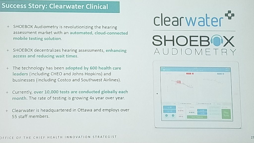 MKutney's tweet photo. Amazing! #OCHIS' @WCharnetski talking about the great work by @CHEOhospital + @cwcmedical's @drbromwich and their innovative work in hearing healthcare and scaling-up #healthtech companies in Ontario.
#ONpoli | #ACLHIN | @AlgonquinColleg | @champlainlhin https://t.co/Q6dn5o8wke
