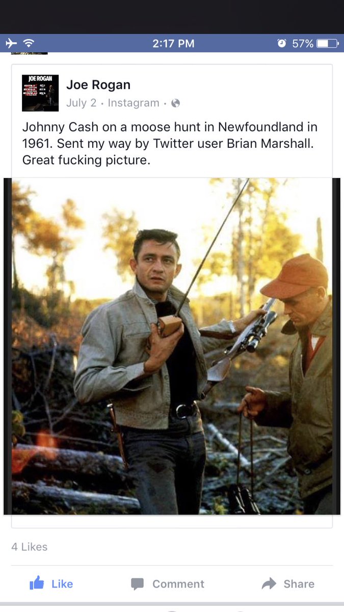 Mitch1833's tweet photo. @joerogan a friend sent me the post you posted of Johnny Cash on a moose hunt... i asked you on IG to come on my moose hunt next week in Maine. Hop a flight lets go. https://t.co/Xk2C9AT4gO