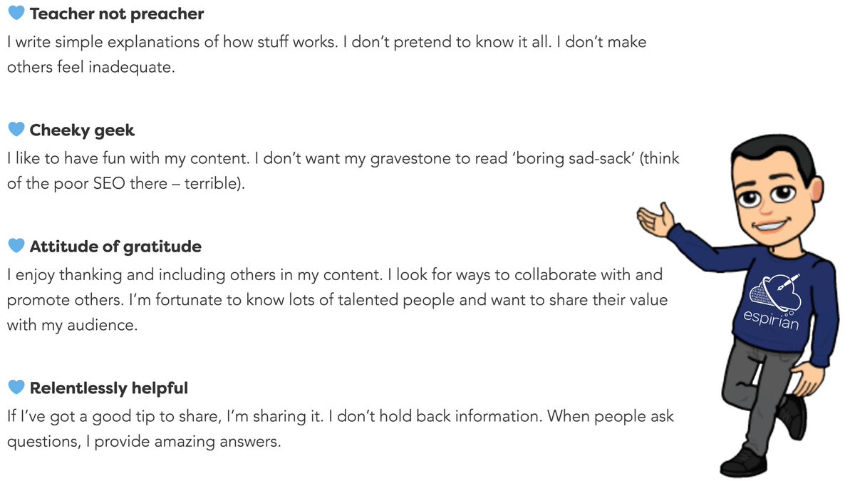 espirian's tweet image. What are your brand values? These are mine.

Write down what applies to you and then bring out those values in all your content. Here&apos;s a quick exercise that should help:

espirian.co.uk/5-minute-brand…

#UnclogYourBlog