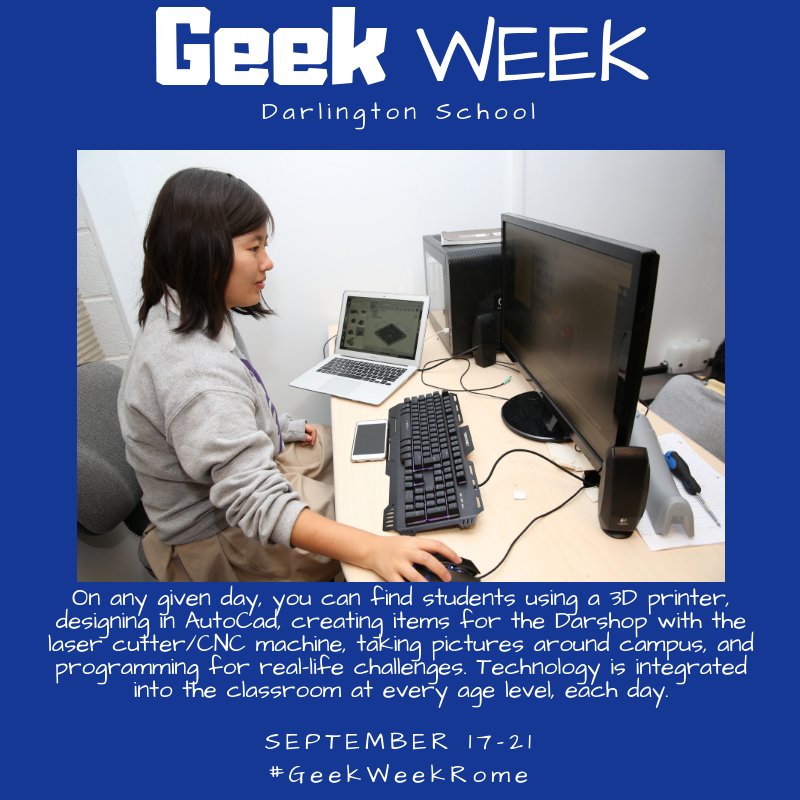 GeekWeekRome's tweet photo. On the final day of the 2018 Geek Week, we celebrate Darlington School. Take a look at what the students at Darlington School have been up to…
#GeekWeekRome https://t.co/dEnzOYlAcP