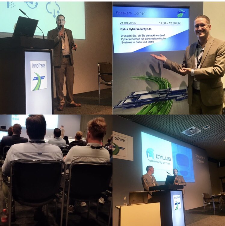 Cylus_Security's tweet photo. Thanks for the great turn out to #InnoTrans' Speakers Corner! Our Head of Business Development, Rotem Abeles, shared an engaging presentation about #cybersecurity risks to #rail and #cylus' innovative solution
#railcybersecurity #railsafety #railsecurity #railsignalling https://t.co/F08jalgYP4