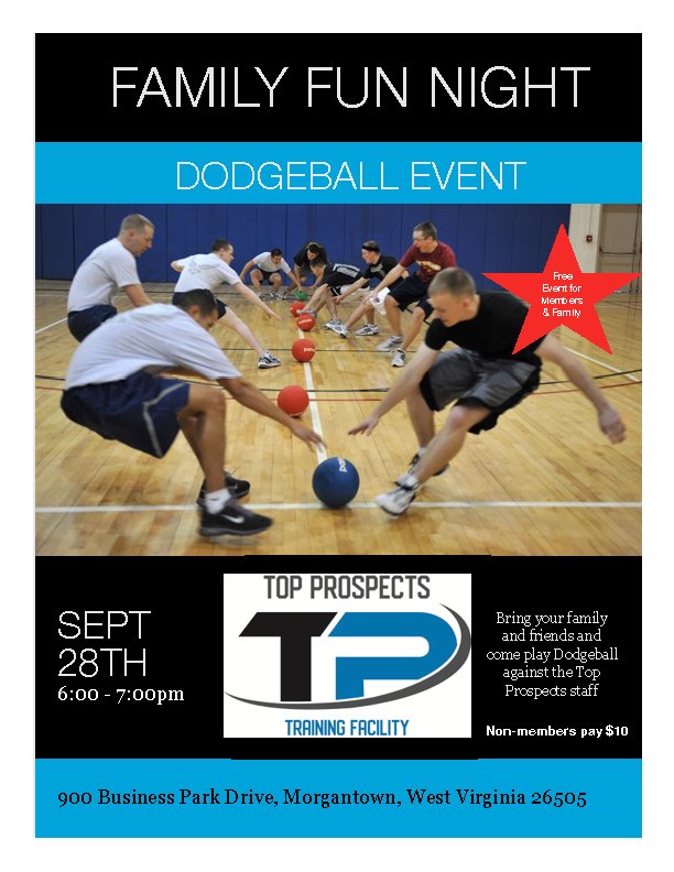 TopProspectsTF's tweet photo. Family Dodgeball event - September 28th 6 - 7pm
Bring your friends and family to come play against fellow friends and TP instructors https://t.co/oyxBzUHtTq