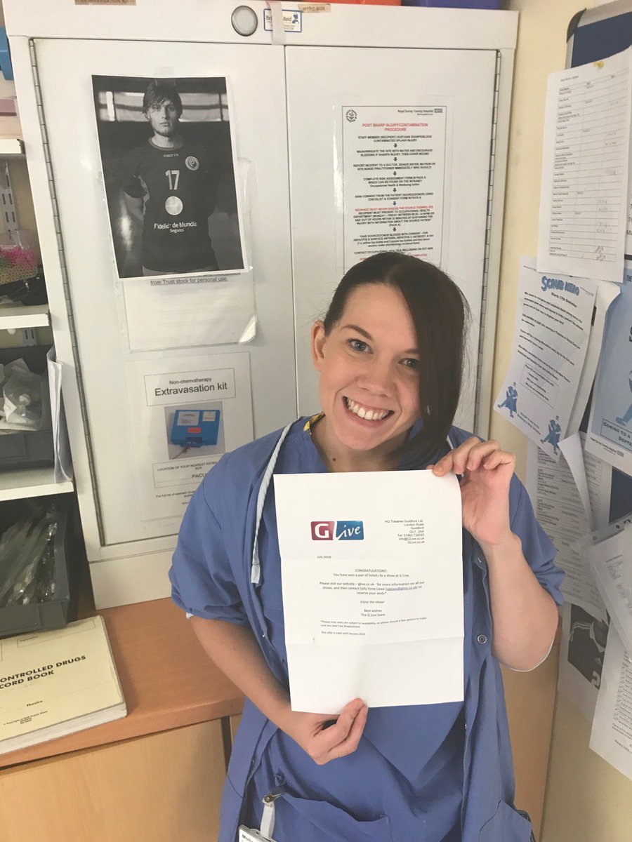 doctorfredw's tweet photo. The 2nd Winner of #ScrubHero today is Molly Fields Burwick! For being an amazing recovery nurse and making everyone smile. She shines for everyone!  Molly wins tickets to a show at G-Live.Thanks @GLiveGuildford  for the tickets! @RSCHAnaesthesia @RoyalSurrey  @geeta_a  #WinWin https://t.co/dTZrA2n19L